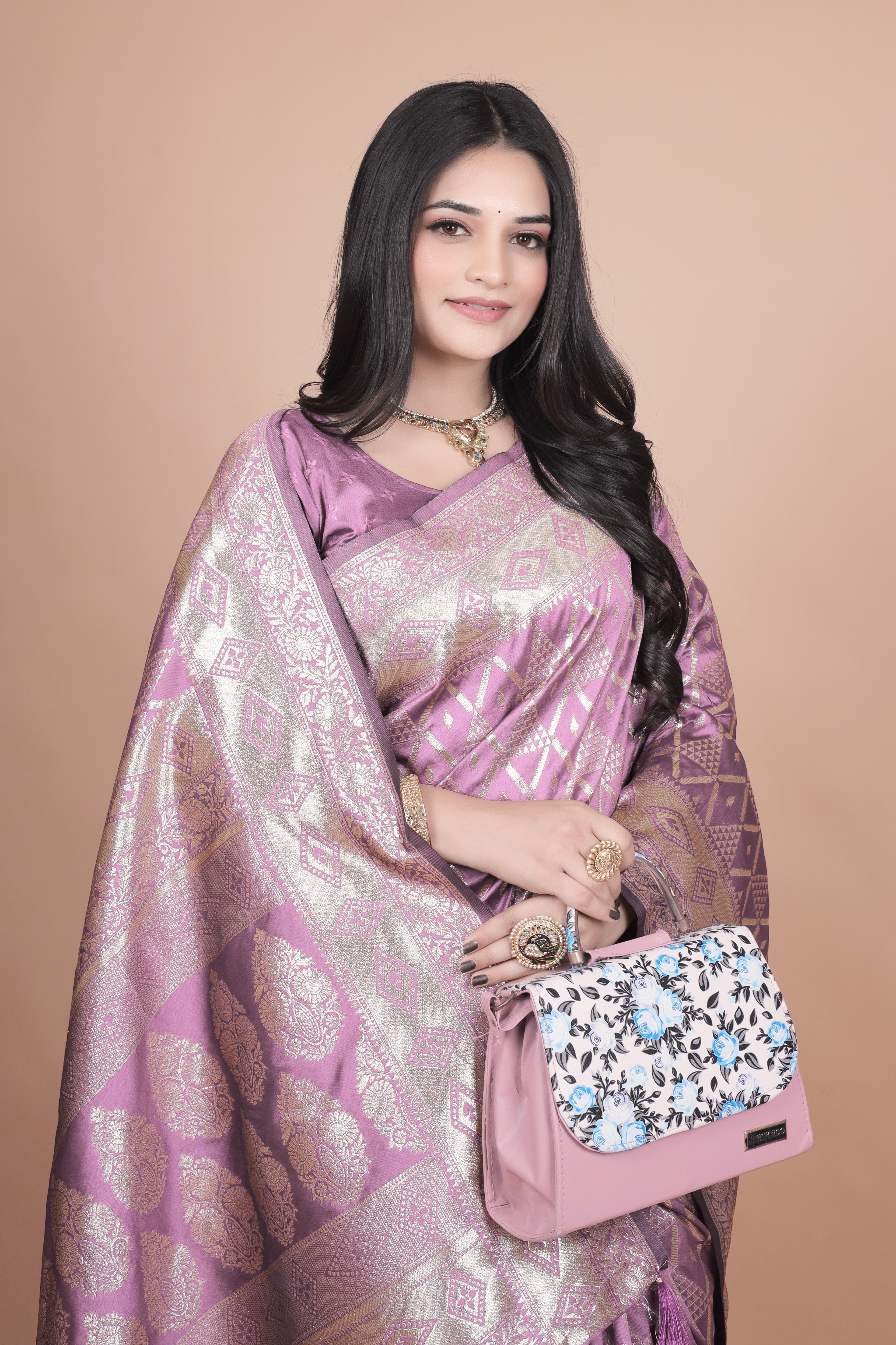 Mauve Banarasi Silk Saree with Silver Zari Elegance With 4 color option